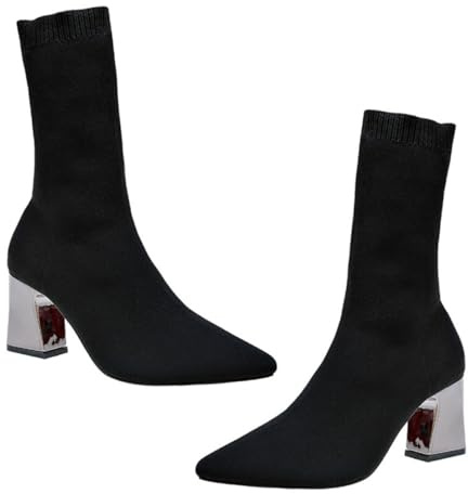 Ciieeo Botines Tipo Calcetín Mujer Negros Talla 39 Botines de Tacón Grueso Alto de Punto Elástico para Otoño E Invierno Zapatos de Mujer Cómmodos para Fiesta y Trabajo