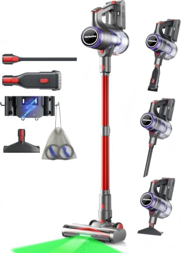 VACTechPro F02 Ultra Aspirateur Balai sans Fil, 600W/55KPa | Filtration à 8 Couches, Brosse à Sol Anti-Tangle, 70Min d’Autonomie, 1.6L Réservoir à Poussière, Violet et Rouge