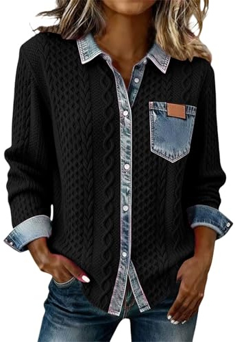 Camisas con botones para mujer, de negocios, casual, cuello de solapa, estampado texturizado, blusa de mezclilla con retazos, casual, ligera, chaqueta de mezclilla vintage con costuras de bloque de