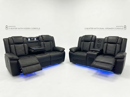 Michigan Leather Electric Recliner Sofa Set With Cupholders - Tech Air Leather - Bluetooth Speakers -Wireless Charging - USB Ports - LED Lights - Cupholders & Storage (Black, 3+2 Seater)
