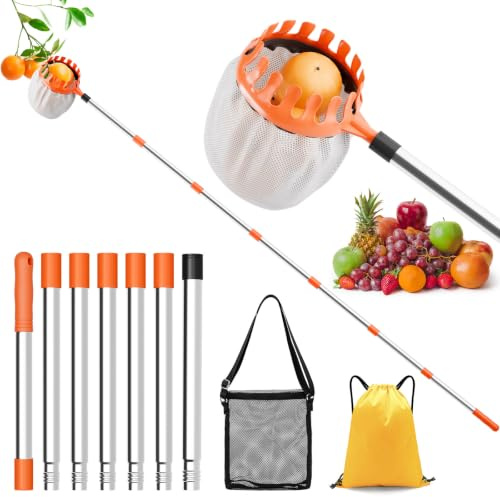 Arado de frutas para cerezas, diámetro de 16 cm, cortador de cerezas, arado de manzanas, recogedor de cerezas con mango telescópico y bolsa de algodón, recogedor de ciruelas para llegar a lugares