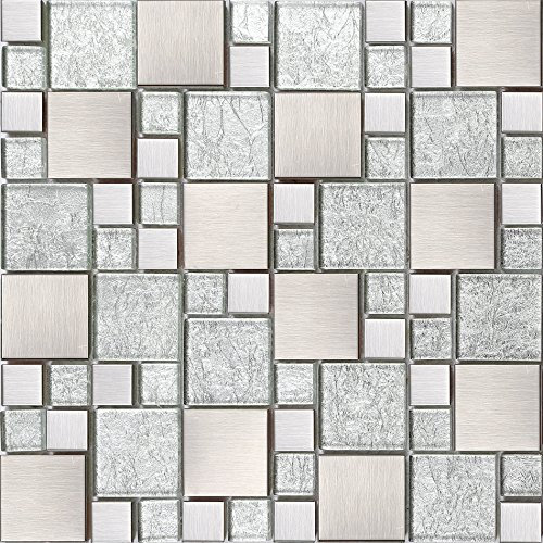 Glass and Stainless Steel Mosaic Tiles, Matte Silver with Stones, Brushed, with Asian Design, MT0048