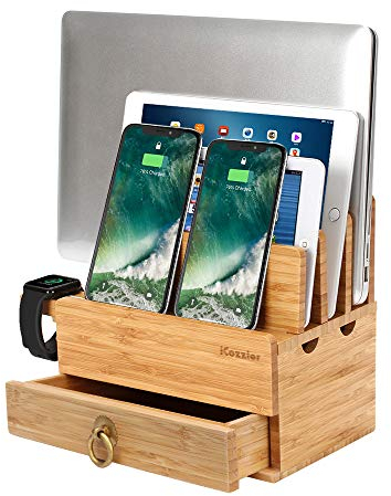 iCozzier Bamboo Station de Charge de Bureau pour Plusieurs appareils Dock Station Watch Organisateur de avec tiroir pour Watch, Pods, Pad, Smartphones, tablettes, Kindle