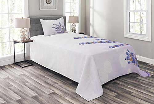 ABAKUHAUS Lavendel Tagesdecke Set, Frische Kräuter Pflanze Posy, Set mit Kissenbezug farbfester Digitaldruck, für Einzelbetten 170 x 220 cm, Lavendel