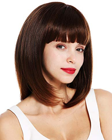 WIG ME UP - VK-49-2T30 Perruque dame longueur d'épaules lisse carré long frange brun châtain