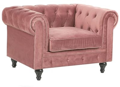 Beliani Sillón Chesterfield tapizado en Tela de Terciopelo Rosa Patas de Madera Oscura Estilo contemporáneo Chesterfield