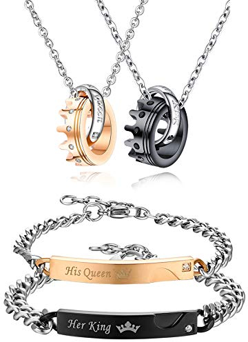 Flongo Paar-Schmuckset Partner Armbänder + Partner Halsketten Paar Geschenke Edelstahl-Halskette und -Armband mit Gravur Halskette mit Ring Geschenke für Jahrestage, Valentinstage, Geburtstage