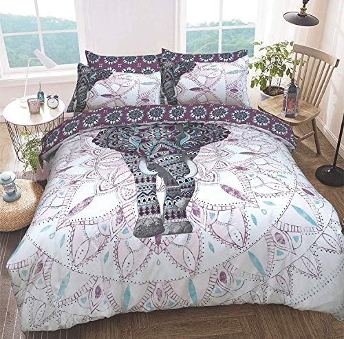 Sleepdown - Juego de Ropa de Cama, con diseño de Elefante y Mandalas, Funda de edredón y Fundas de Almohada, Reversible, hipoalergénico, de fácil Cuidado, Suave, Color Morado, tamaño Super King