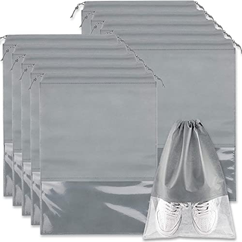 Acehome 10 Pack Large Travel Shoe Bag, Portable Drawstring Shoes Storage Bags Non-Woven Dust Proof Pouch Space Saving Organizer with Transparent Slot for Men Women Daily and Travel Use (Grey)