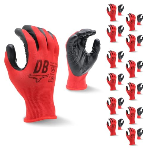 Durabull Work Gloves - 12 Pairs. Protective Safety Gloves For Working & General Use. Nitrile Coated With Secure Fit & Anti-Slip Grip. Heavy Duty, Oil Resistant Gloves - (NR1390, Size 7, Red).