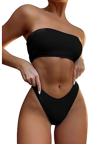 TOEECY Bikini Set Damen Trägerlos Badeanzüge Bademode Zweiteiliger Badeanzug Push Up High Waist Sexy Schwimmanzug Swimsuit (Schwarz,S)