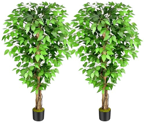 Keeplush 1,5 m fikus konstgjorda träd med naturliga böjda stammar, 152 cm hög frodig falskt träd för heminredning inomhus, grönt verklighetstroget falskt fikus träd konstgjorda växter, 2-pack