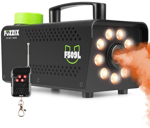 Fuzzix F509L Party Smoke Machine with Wireless Remote & 9x LED Lights - Compact DJ Fog Machine, Disco Smoke Machine with RGB Lighting Effects for Events, Stage Performances & Parties