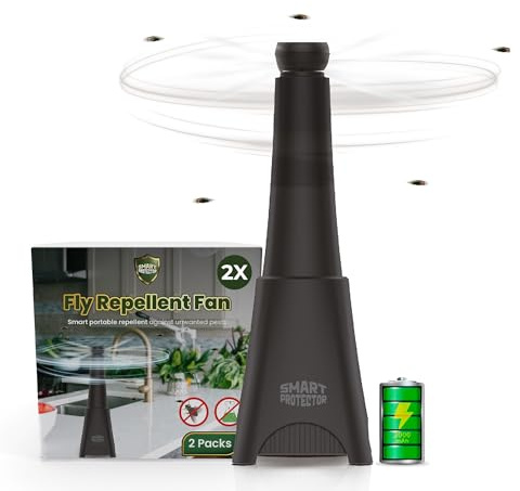 Pack with 2 Fly Repellent Fans - Portable Fly Fan for Outdoor Table with Holographic Blade - Ideal Solution for Unwanted Insects - No Harmful Chemicals, Electronic Pest Control - SMART PROTECTOR