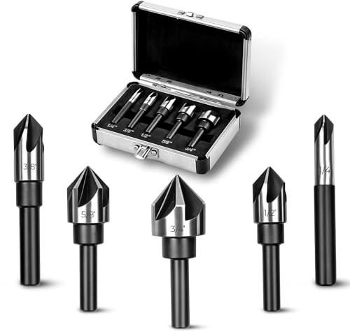 AV Steel Countersink Drill Bit Set, Countersink Bit, HSS4241 Counter Sink, 82 Degree Countersink 1/4'' 3/8'' 1/2'' 5/8'' 3/4'', 5 Flute Pcs for Wood, Plywood, Plastic, Mild Steel with Aluminum Case