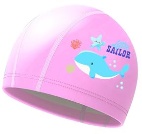 Badekappe Mädchen, Kinder 4-9 Jahren, Schwimmkappe, PU-Material (Wal, Rosa)