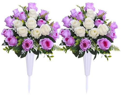 Hibsotco Set of 2 Artificial Cemetery Flowers with Vase,Grave Memorial Flowers,Artificial Rose Bouquet Decoration for Cemetery Headstones Gravesites (White with Purple, 2 Bouquets)