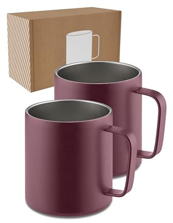 LAMBDA COFFEE® Edelstahl Tasse 2x360ml Thermobecher mit Henkel I Kaffeetasse doppelwandig isoliert I Tassen Set für Camping & Outdoor I Thermo Kaffee Becher (Rot)
