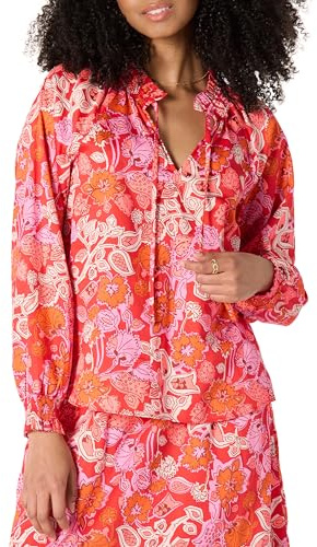 Amazon Essentials Chemisier Décontracté à Manches Longues et Col à Volants en Satin de Coton (Jupe Vendue Séparément) Femme, Rouge Coquelicot Vif Multi Folk Floral, M