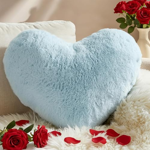 Yhoelata Valentinstag Herzkissen, Eisblau Herzform Kissen Kuschelkissen, Love Zierkissen Aesthetic, Plüsch Kissen für Wohnzimmer Sofa Kind Schlafzimmer Bett, Geschenk 25x35 cm