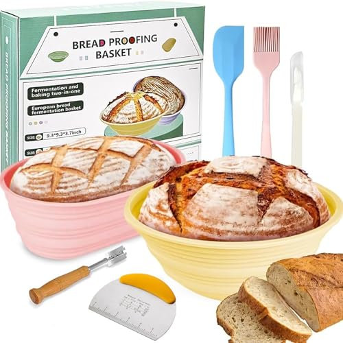 Cesta de Fermentación para Pan, Juego de 2 Cesta de Masa Madre Plegable de Silicona Redonda Ovalada y Rectangular con Batidor de Masa, Raspador y Cepillo de Limpieza para Pan