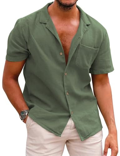 COOFANDY Mens Short Sleeve Shirts Linen Button Down Shirt Casual Non Iron Beach Holiday Shirts Army Green M