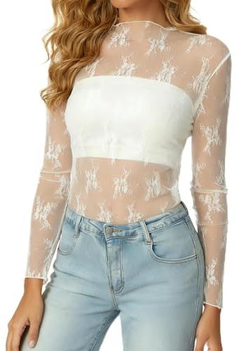 HAWILAND Mesh Tops for Women Long Sleeve Sexy Lace Shirt Elegant See Through Sheer Blouses for Going Out Party Clubbing-White-Large