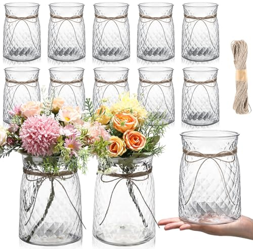 Bokon 12 Pcs 4.3 in Caliber Plastic Vases Bulk for Centerpieces Table 6.3 in Bud Vases Clear Planter for Flower with Rope Design Plant Containers for Wedding Dinning Home Decoration (Clear)