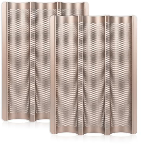 Hesanzol Baguette Pans for Baking 15 x 11, Carbon Steel 3 Loaf Nonstick Baguette Baking Tray for French & Italian Perforated French Bread Pan (2pack - Gold)