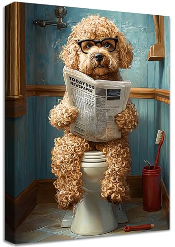 Wooden Framed Funny Bathroom Canvas Wall Art Poodle On Toilet Reading Newspaper Painting on Canvas Prints Poster Humor Animal Pictures for Living Room Bedroom Home Hallway Corridor Wall Decor 40x60cm