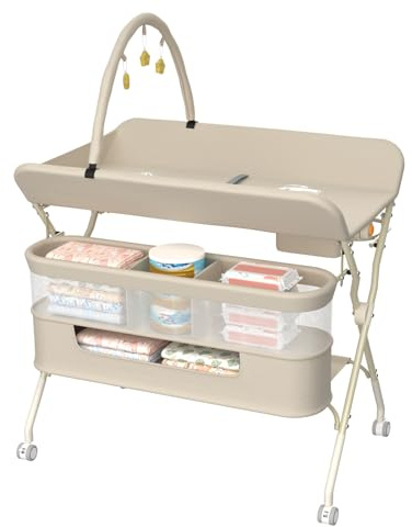 Belfoyer Fasciatoio Neonato Pieghevole con Giostrina & Doppio Ripiano – Fasciatoio Portatile Altezza Regolabile, Richiudibile con Ruote Bloccabili & Design Ergonomico (75×68×83-91 cm,Bianco)