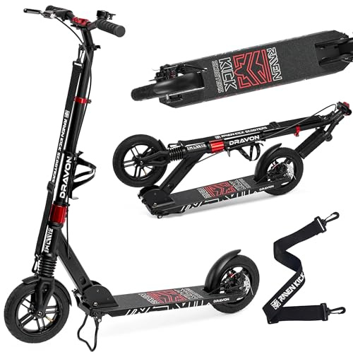 RAVEN Scooter Roller Tretroller Kickscooter für Kinder Erwachsene | klappbar | höhenverstellbar | Tragegurt | Klingel | Flaschenhalter | Luftreifen (Dravon, 200mm)