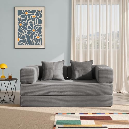 YINIX Folding Sofa Bed 160cm King Size, Convertible Modular Sofa, Corduroy Boneless Couch with Metal Frame, 2 Seater Floor Futon Mattress, Non Slip Base, Washable Cover