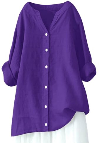 3/4 Sleeve Linen Tops for Women Long Sleeve 2026 Oversized Summer Dresses Solid Casual Flowy Loose Fit Tunic Asymmetrical Western V Neck Mid Sleeve Gauze Shirts Cute Skirts Boho Club Purple