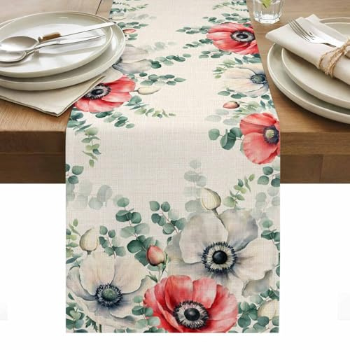 Eucalyptus Leaves Opium Poppy Table Runner Spring Flower Plants Linen Texture Premium Polyester Fabric for Dining Room Kitchen Table Decoration Fireplace Home Party Decor 13 x 48