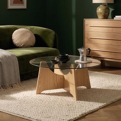 [en.casa] Mesa de Centro Omlar Redondo Vidrio Ahumado Ø70x35cm Roble y Gris