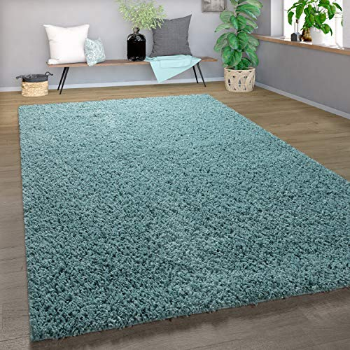 Paco Home Shaggy Teppich Hochflor Langflor Hochwertig Hohe Fadendichte Uni Pastell Türkis, Grösse:60x100 cm