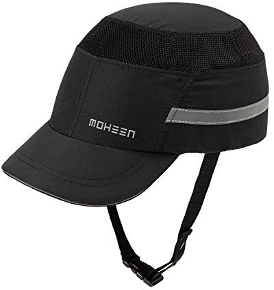 Lightweight Safety Bump Cap - Breathable Baseball Style Protective Hat with Reflective Stripes Black Short Brim