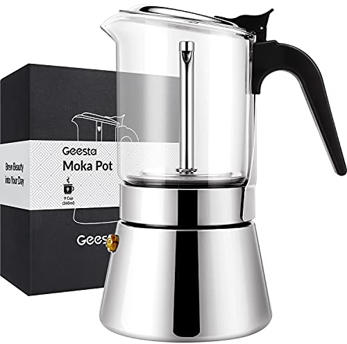 Geesta Premium Crystal Glass-Top Stovetop Espresso Moka Pot - 4/6/ 9 Cups Stainless Steel Coffee Maker- 360ml/12.7oz/9 cup (espresso cup=40ml)