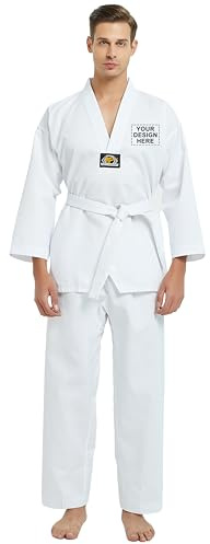 TopTie Customized Taekwondo Uniform for Kids Adults, TKD Dobok Uniform with Belt, Martial Arts Training Suit-White Trim-Size 1