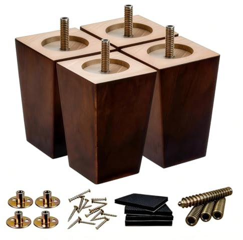 SHANJUE 5 Inch Wood Furniture Legs, Square Rubberwood Sofa Feet Replacement (Pack of 4) with 5/16 & M8 Bolts for Mid-Century Dresser, Ottoman, Recliner, MCM Couch Repair