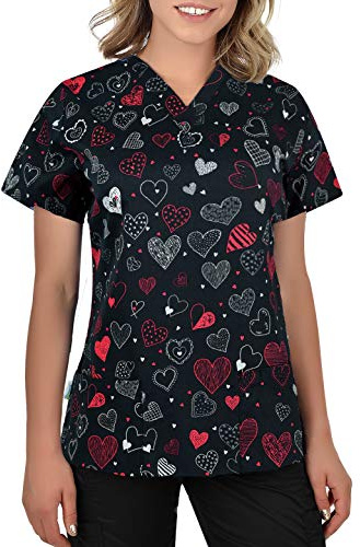 B-well Bambina Casaca de mujer de manga corta con cuello de pico y estampado, para personal sanitario, Corazones rojos, M