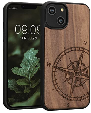 kwmobile Hülle kompatibel mit Apple iPhone 14 Hülle - Holz Case - Handy Cover - TPU Handyhülle in Dunkelbraun Kompass Vintage