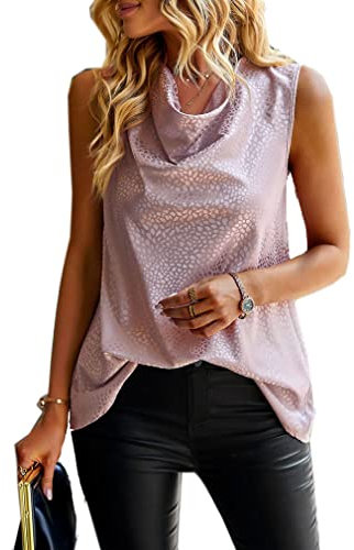 Qiyun.z Chemisier Femme sans Manches Col Bénitier Débardeurs Casual Drapé Travail Bureau Chemisier Top Rose XL
