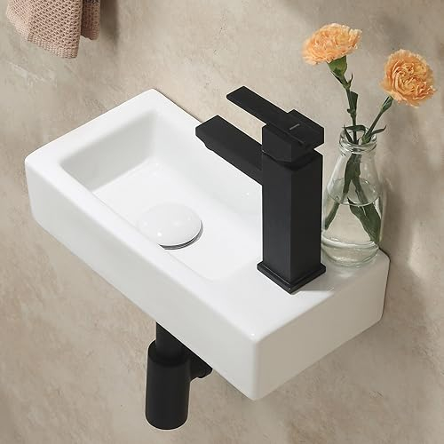 HOROW Hänge Waschbecken Klein Gäste WC Badezimmer, mini aufsatzwaschbecken wandmontiert, Rechteckiges Waschtisch, Handwaschbecken ein Hahnloch Rechts, weiß, 37 x 18 x 9cm BTH, ohne Ablaufgarnitur