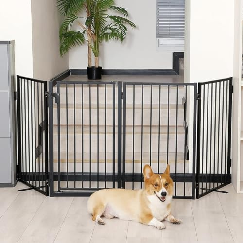 Paulmele Metal Freestanding Dog Gates with Door for Outdoor Indoor,80'' Extra Wide 32'' Tall Free Standing Dog Gate for Doorways,Large Openings,Deck,Yard,Foldable Safety Pet Fence(Black,4 Panels)
