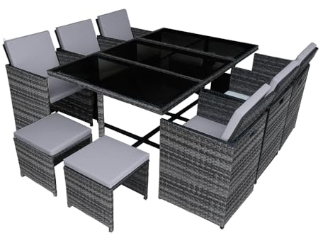 Panana 10 Seater Rattan Garden Dining Set with Large Table, 6 Chairs & 4 Stools, Space Saving Outdoor Furniture for Patio, Conservatory & Garden (Mixed Grey Rattan with Grey Cushions)