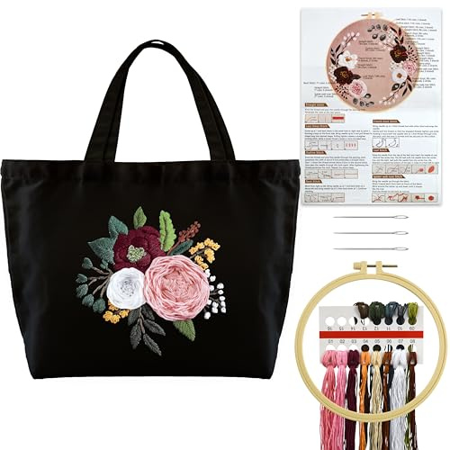 Turmaster Kit da ricamo, kit da ricamo con borsa in tela, kit da ricamo per principianti, set fai da te per adulti con disegno floreale, cerchio da ricamo, fili e strumenti da ricamo, nero