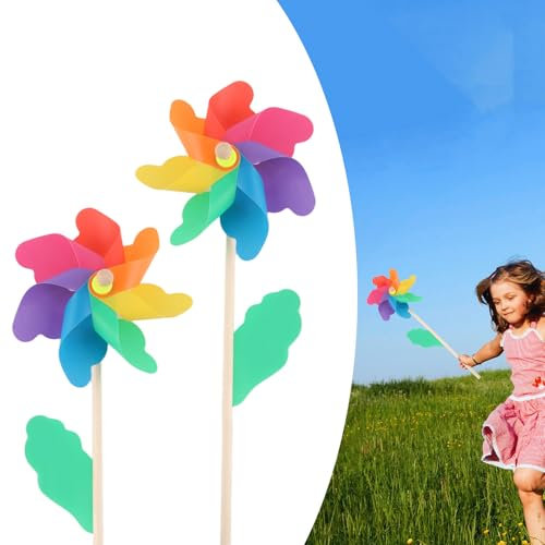 Moulin a Vent, Dwafill 2 Moulin a Vent Enfant, 40 Cm Holzstange, Farbige WindbläTter, Moulin à Vent Jardin, Fur Strand, Park, Camping, Balkon, Sommer