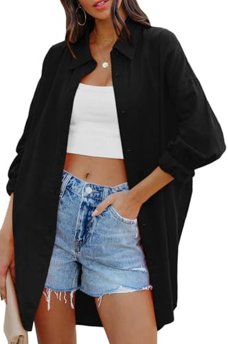 Cicy Bell Chemisier surdimensionné pour Femme - Col en V - Boutonné - Hauts Amples - avec Poches - en Coton, Noir, XXL